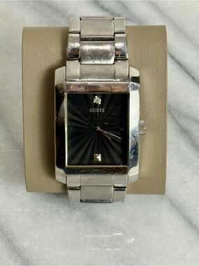 Guess Silver Tone Rectangular Watch Black Dial w/ Box